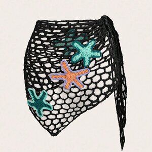 Black Women's Swim Springbreak Sexy Crochet Starfish Decor Beach Cover Up Shawl